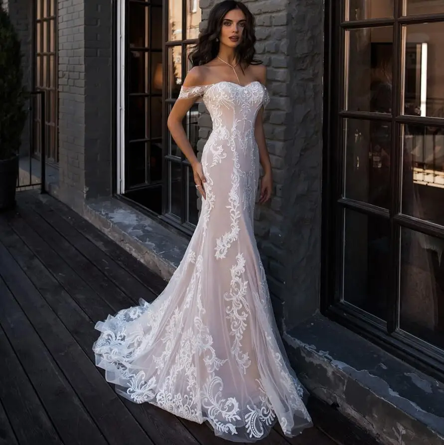 ADLN Sexy Mermaid Wedding Dress Off the Shoulder Sleeveless Applique Lace Wedding Gowns Robe De Mariage for Bride - Color: Photo color