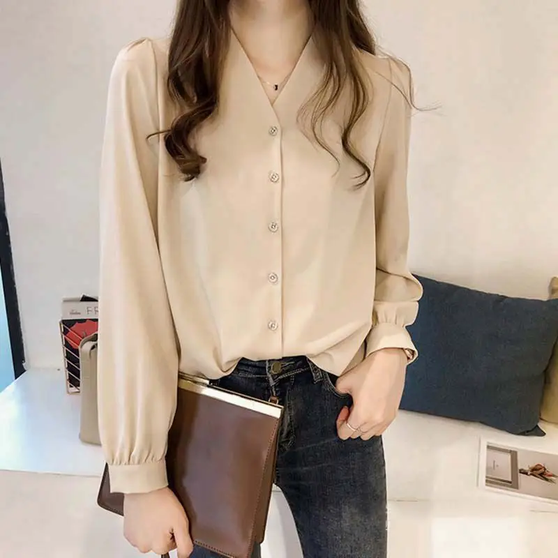 Women Fresh Korean Shirts Casual Long sleeved V neck Solid Color