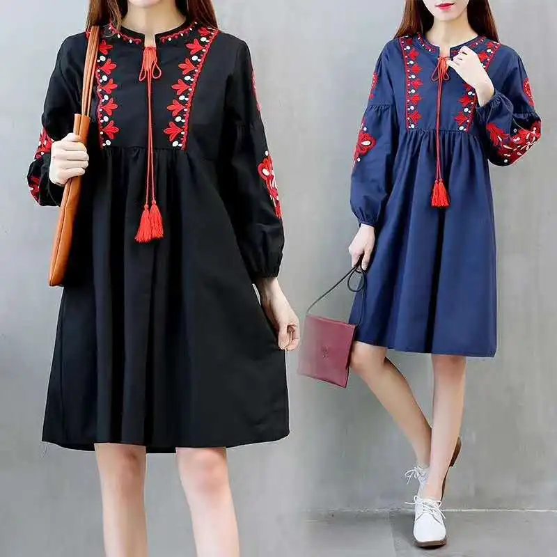 

2019 Women Vintage Floral Embroidery Dress Drawstring Tie Tassels Long Sleeve Faldas Festa Casual Brand Loose Retro Dresses