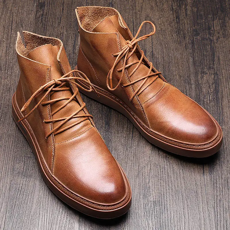 Зимняя обувь; мужские ботинки из натуральной кожи на шнуровке; мужская повседневная обувь; модные ботинки для мальчиков; подходят для всех сезонов - Цвет: Brown
