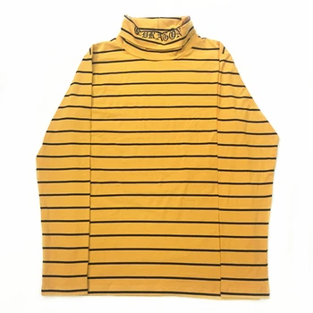 

Lettering Embroidery Turtleneck Long Sleeved T-shirt Kpop Korean Styling Yellow Striped Long Sleeve Tee Streetwear