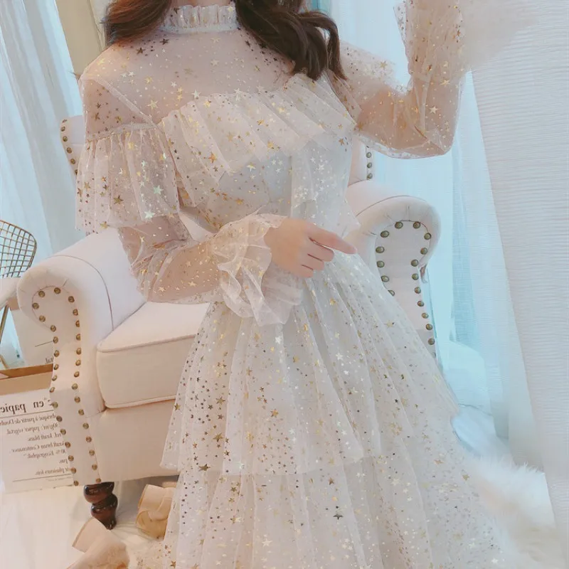 

2019 Brand New Stars Sequins Mesh Dress Ruffles Stand Collar Layered Cake Dress Sweet Fairy Mesh Dress Midi Dress Vestidos