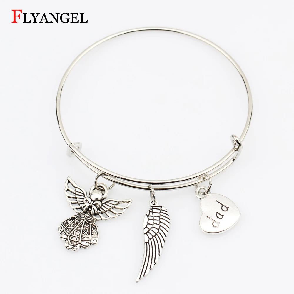

2018 Expandable Stainless Steel Charm Bracelet Angel Wings Pendant Charm Bracelet Adjustable Wire Bangle for Memory Father Gifts