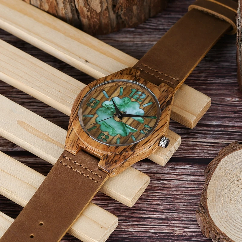 Top Gifts Wooden Watches for Men Vintage Coffee Unique Marble Dial Men's Watch Zebra Wood Green Quartz Analog Watch Reloj Hombre 2018 (11)