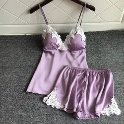 2018 Новый Для женщин пижамы Sexy Satin Pajama Set фиолетовые модные Кружево v-образным вырезом пижамы без рукавов Симпатичные пижамы наборы для Для