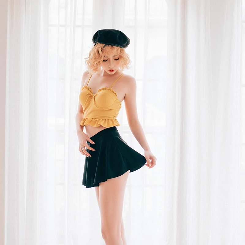 

2019 New Young Girl Push Up Skirt Swimsuit Halter Ruffle Two pieces Suit Button Split Swimwear Beach Women Bathing Suits