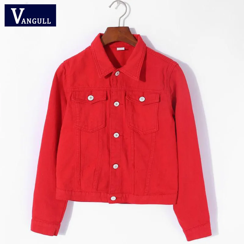 

Vangull Women Basic Coats Summer Autumn Women Denim Jacket Red Pink Black Denim Jacket Female Jeans Coat Casual Girls Outwear