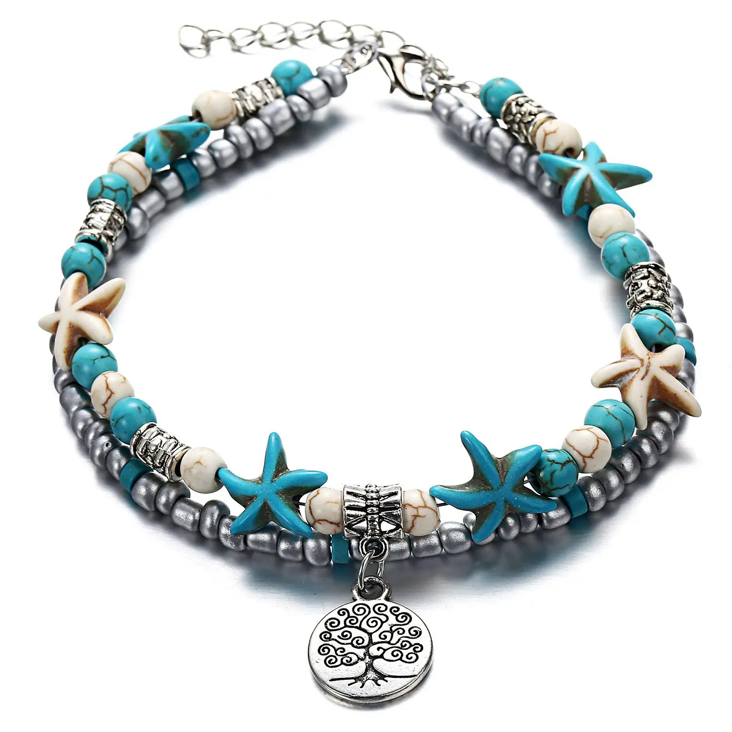 

Tree Blue Starfish Anklet Multilayer Charm Beads Sea Handmade Boho Anklet Foot Jewelry for Women Gift