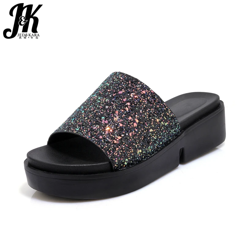 

JK Big Size 44 2018 Summer Sequined Cloth Slippers Women Flat Sole Open Toe Mules Platform Footwear Casual Woman Slides Shoes