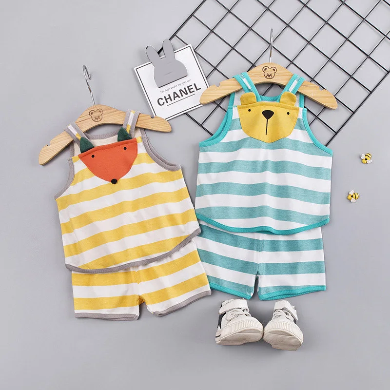

Cartoon Fox Baby Girl Clothes Suit Sleeveless Cotton Striped Toddler Baby Tops + Shorts Summer Clothes Set Kids Clothes 1-4T