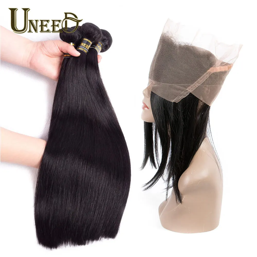 Uneed Hair Pre Plucked 360 Lace Frontal With Bundle Peruvian Straight Hair Bundles With Frontal Human Hair Bundles With Closure