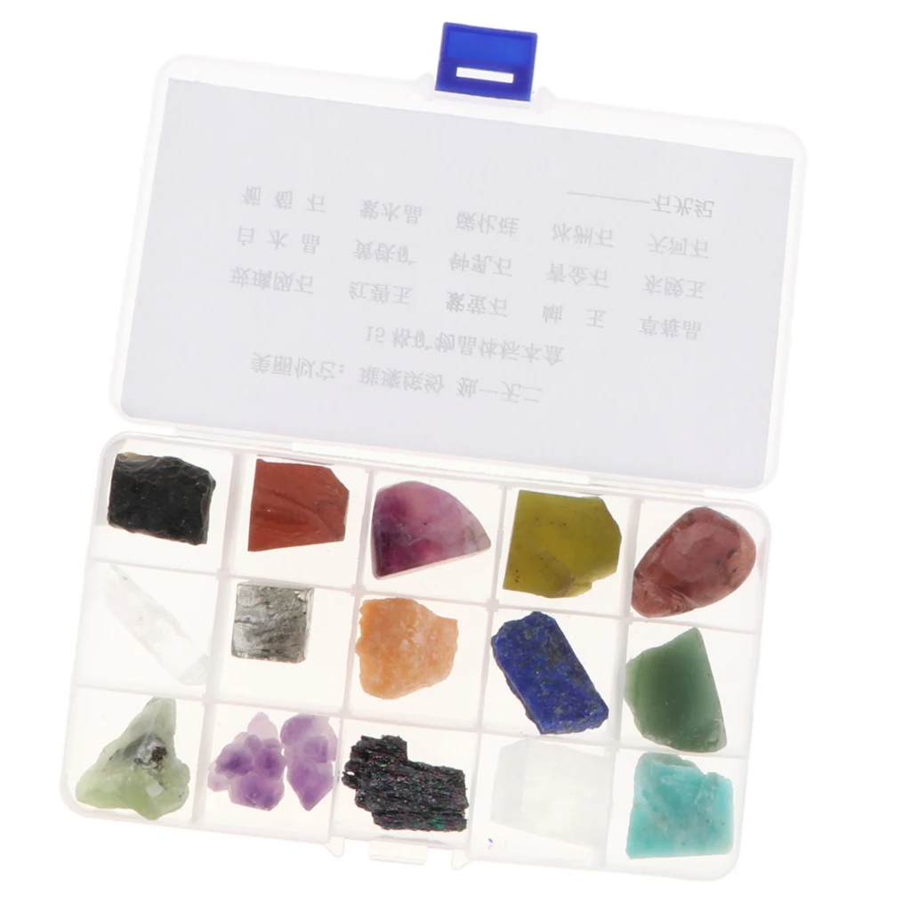 15pcs/ Box Educational Geology Science Kit Rock and Mineral Collection Gemstones Quartz / Jade Tektite Specimens in Display Case