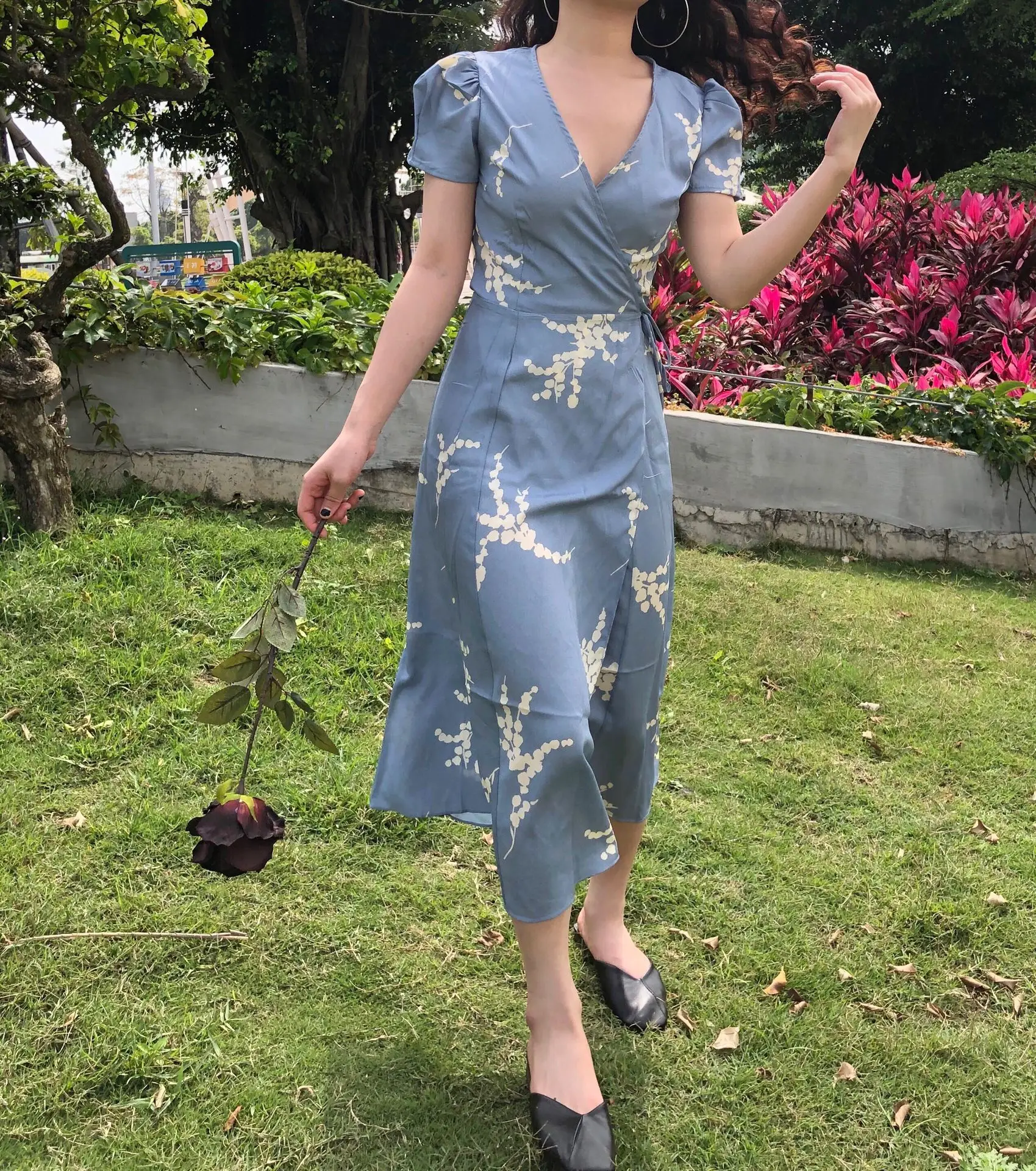 

Vintage floral summer dress women beach v neck short sleeve midi wrap dress boho sexy vestidos korean casual party dresses