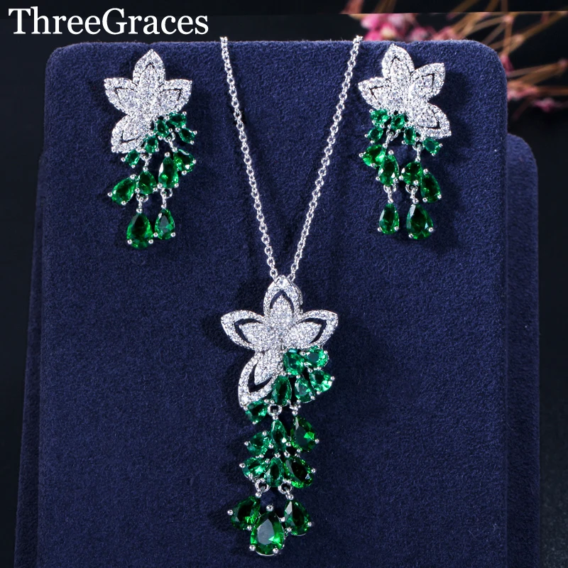

ThreeGraces Fashion Green Cubic Zirconia Flower Leaf Exquisite Pendant Necklace Dangle Earrings Jewelry Set for Women JS214