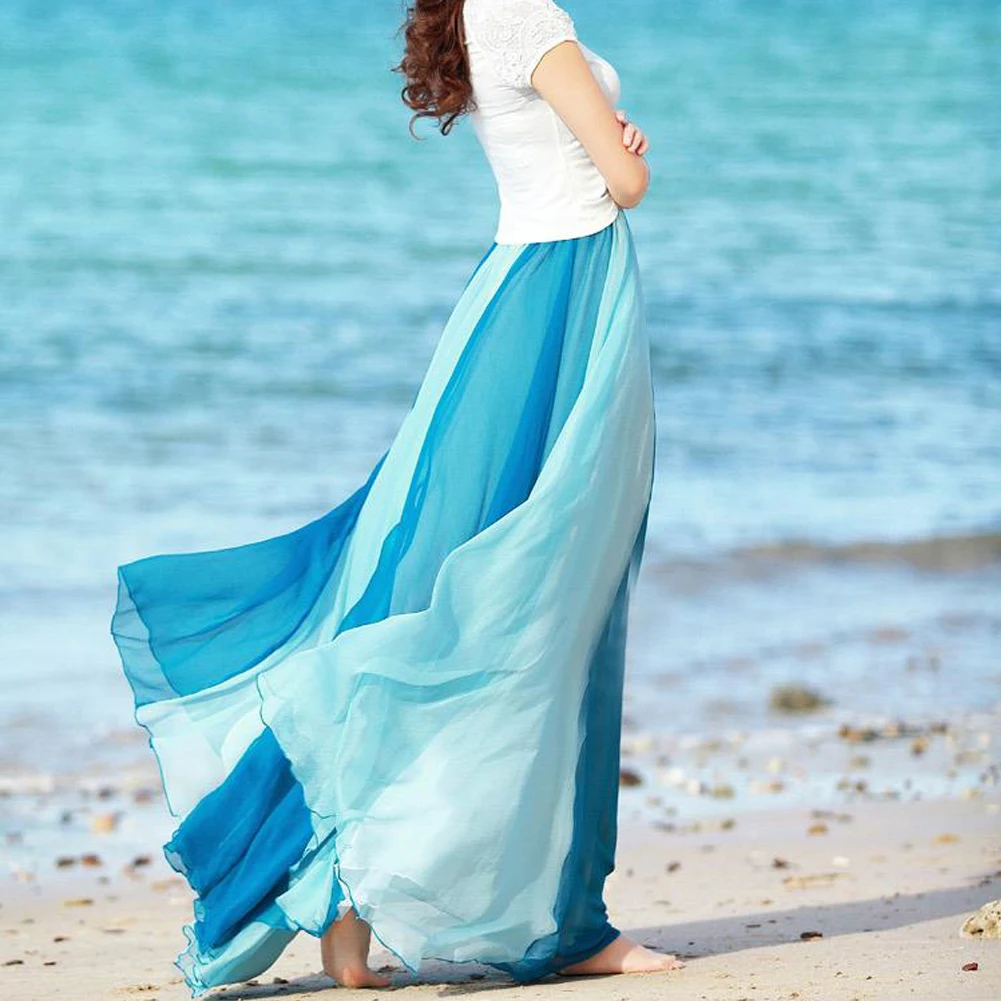 

Double-color Patchwork Long Skirt Women Soft Chiffon Skirt Elastic Waist Beach Skirt