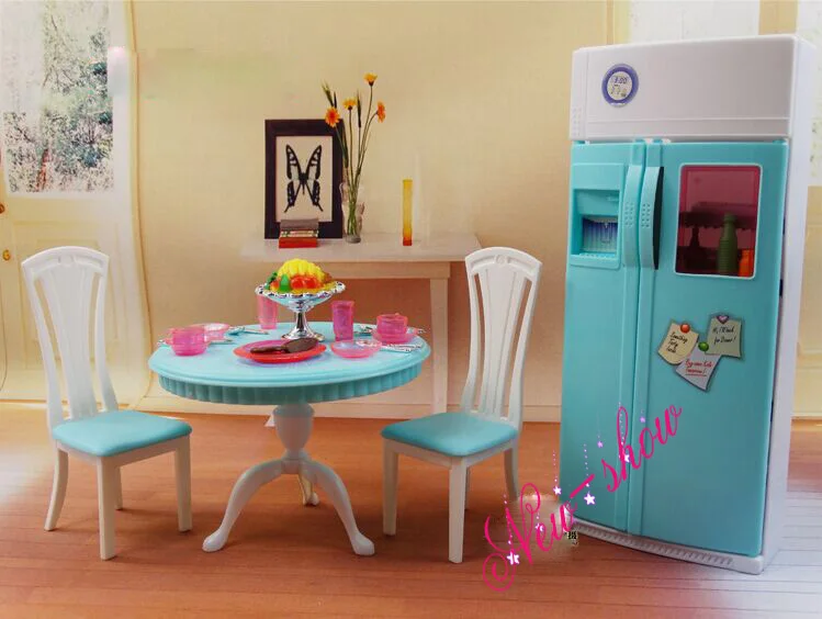 Dinner Tea Table Chair Refrigerator Set / dollhouse Dining Room furniture Accessories decoration for Barbie kurhn doll Toy 1 12 dollhouse miniatures furniture re ment refrigerator hearth integral kitchen lampblack machine
