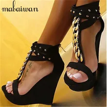 Sexy Black Rivets Sandals Metal Decor Women Platform Pumps Gladiator Wedge Shoes Woman High Heels Ladies Stiletto Wedges