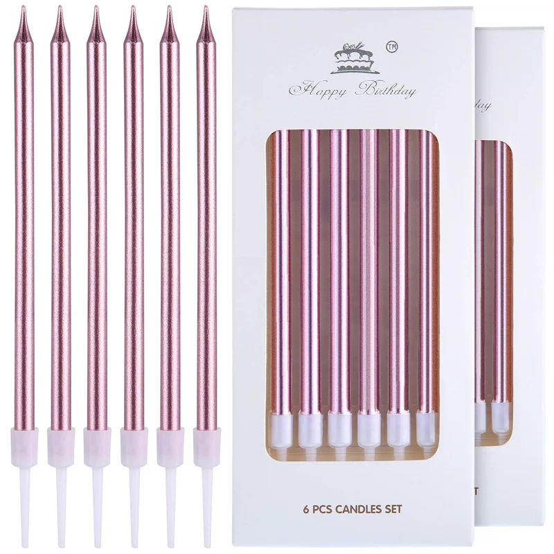 

6 Pcs Long Thin Cake Candles Metallic Birthday Candles Long Thin Candles in Holders for Birthday Wedding Party Cake Decorations