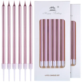 

6 Pcs Long Thin Cake Candles Metallic Birthday Candles Long Thin Candles in Holders for Birthday Wedding Party Cake Decorations