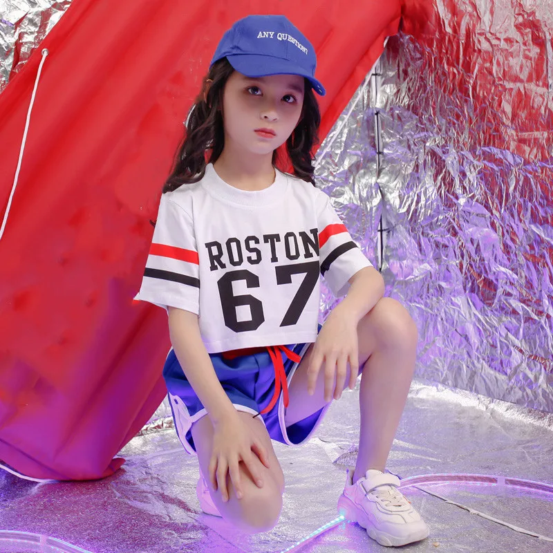 Children Girls Crop White top shorts Street Dance Costume Hip Hop Jazz Dance Clothing Set Stage Performance Dancewear 4-18 years (3)