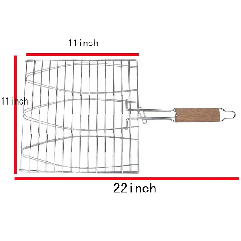 Non-stick Triple Fish Grilling Basket w Wood Handle Barbecue Tool Fish Grill Net Outdoor BBQ Grilling Fish Rack BBQ Accessories (2)
