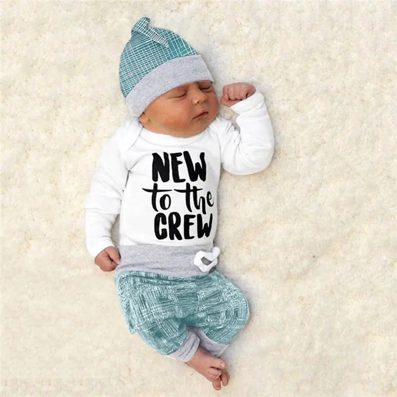 

Newborn Baby Boys Girls Striped Letter Print Tops+Pants+Hat Casual Set Winter Clothes For Baby Clothing