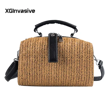 

Women Leather+Straw Splice Handbag Fashion Designer Lady Shoulder Bag Female Casual Tote Messenger Bags Summer Beach Straw Bag