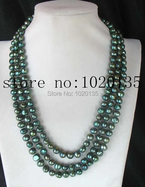 

wow! 3rows freshwater pearl green baroque 8-9mm necklace 19-21" nature long FPPJ