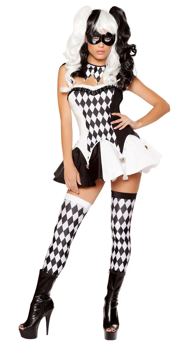 Black-White-Lattice-Adult-Circus-Clown-Costume-Funny-Women-Halloween-Carnival-Cosplay-Fancy-Masquerade-Dress