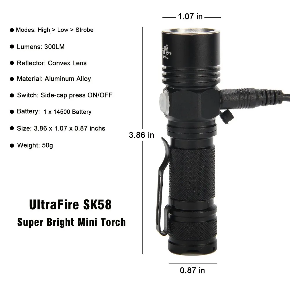 UltraFire USB Перезаряжаемый флэш-светильник светодиодный ручной 300LM 3 режима Мини-фонарь охотничий светильник LUZ 14500 Батарея Вспышка светильник