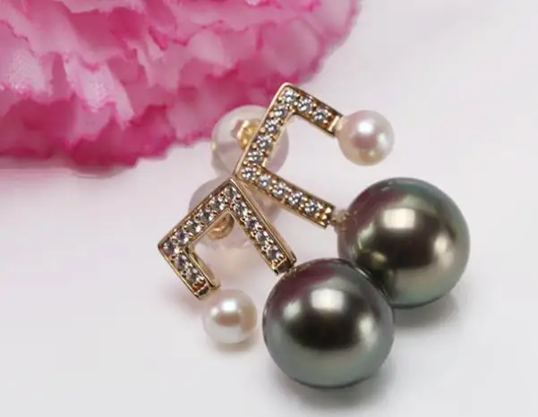 

gorgeous pair of 5-10mm Tahitian round black green pearl earring 14k