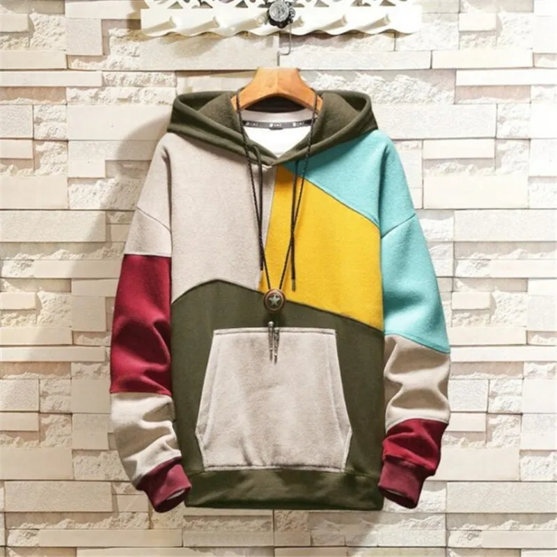 

Male Fashion Casual Creative Color Block Stitching Mens Hoodies Male Spring Large Size LooseVelvet Hooded Long Sleeve Hoodie