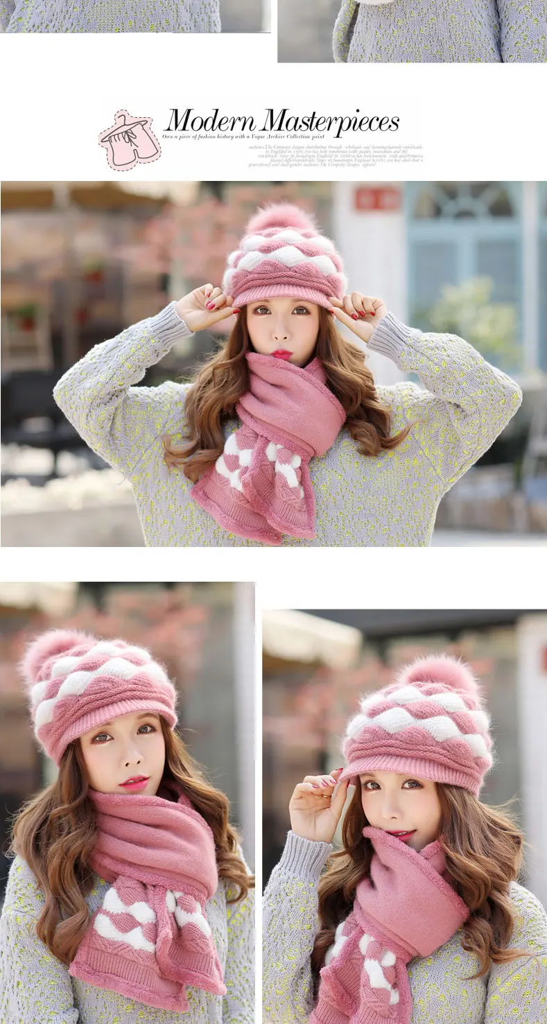 Kagenmo зимняя шапка и шарф Twinsets для женщин Зимняя теплая вязаная шапка кролик вязание шарф открытый термальность Twinset