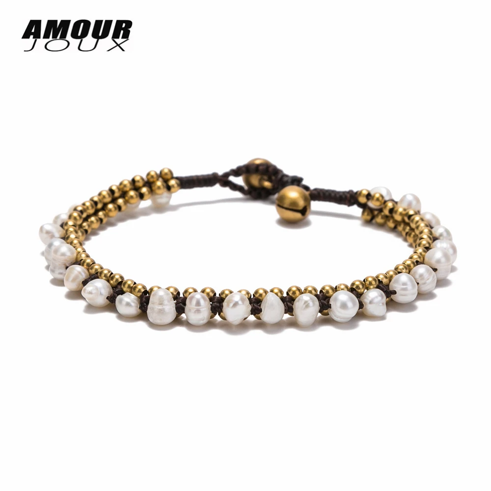 

Bohemian Handmade Natural Freshwater Pearl Alloy Beaded Chain Bracelet For Women Ethnic Wax Rope 2018 Fashion Woman Bracelets