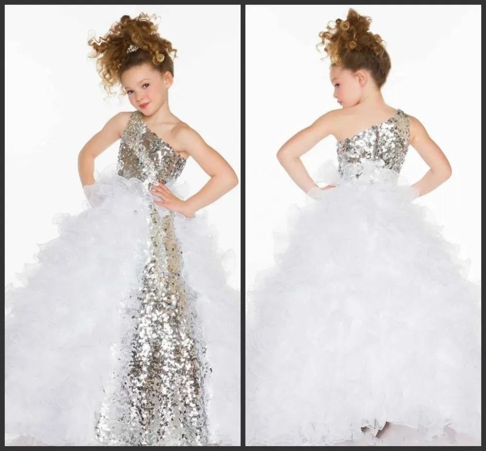 VeraQueen Girl's One Shoulder Beaded Organza Pageant Dress – A-Line Sleeveless Long Ball Gown, Green