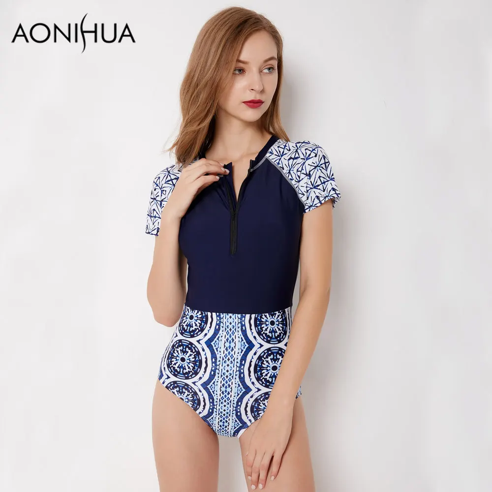 

AONIHUA Short Sleeves 1 One Piece Swimsuits Women 2018 Vintage Slim Blue Retro Beach Surfing Swimwear Female Swim Suit 9050 XXL