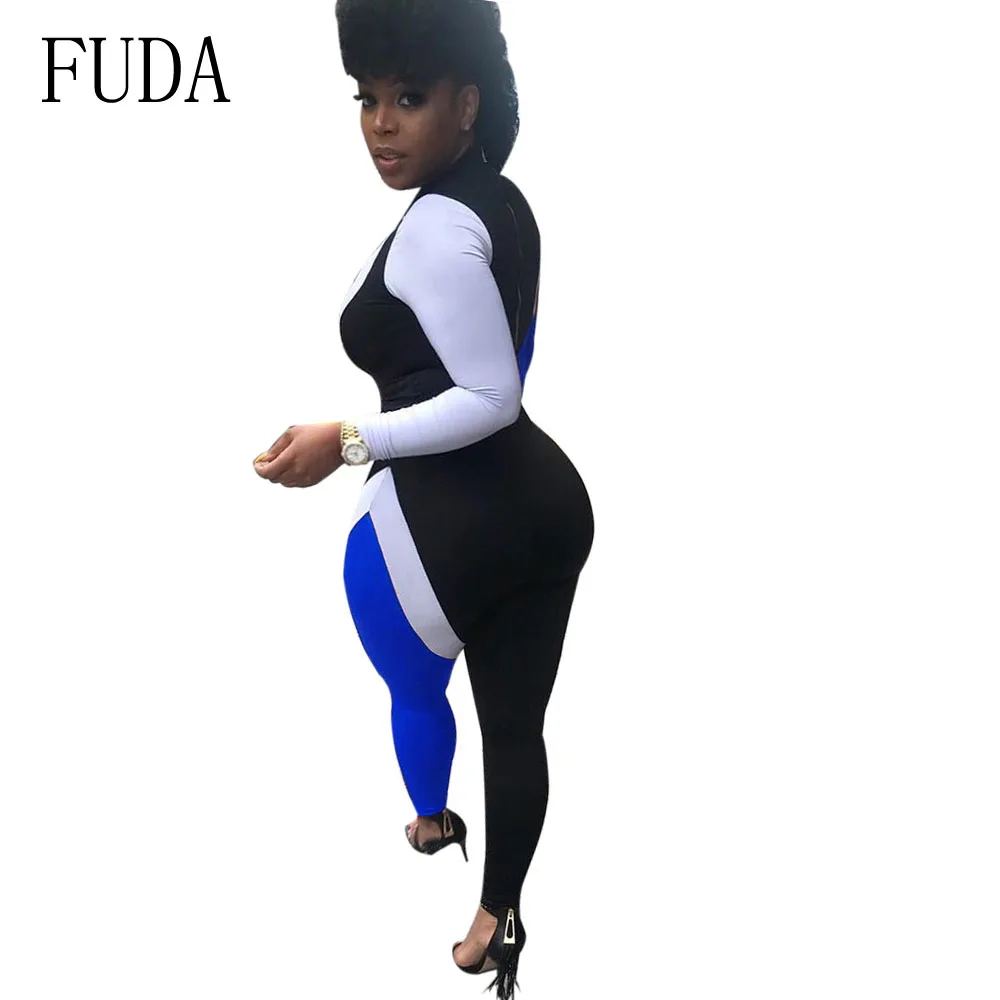 FUDA Autumn Casual Patchwork Long Sleeve Women Playsuits Rompers Womens Jumpsuit Bodycon Bodysuit One Piece Pants Overalls