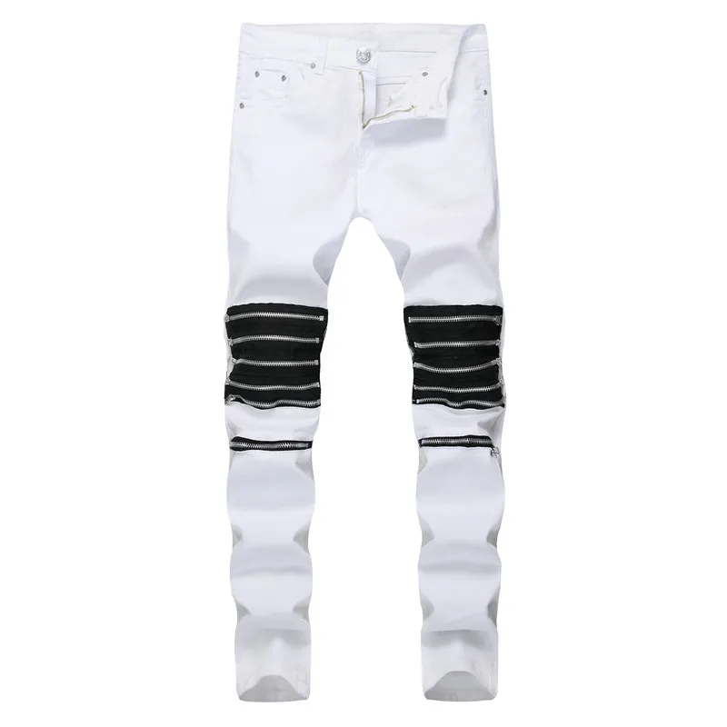 

Men's Jeans Men Knee Zipper Jeans White Red Destroyed Elastic Hole Swag Skinny Denim Pants Fashion Street Trousers