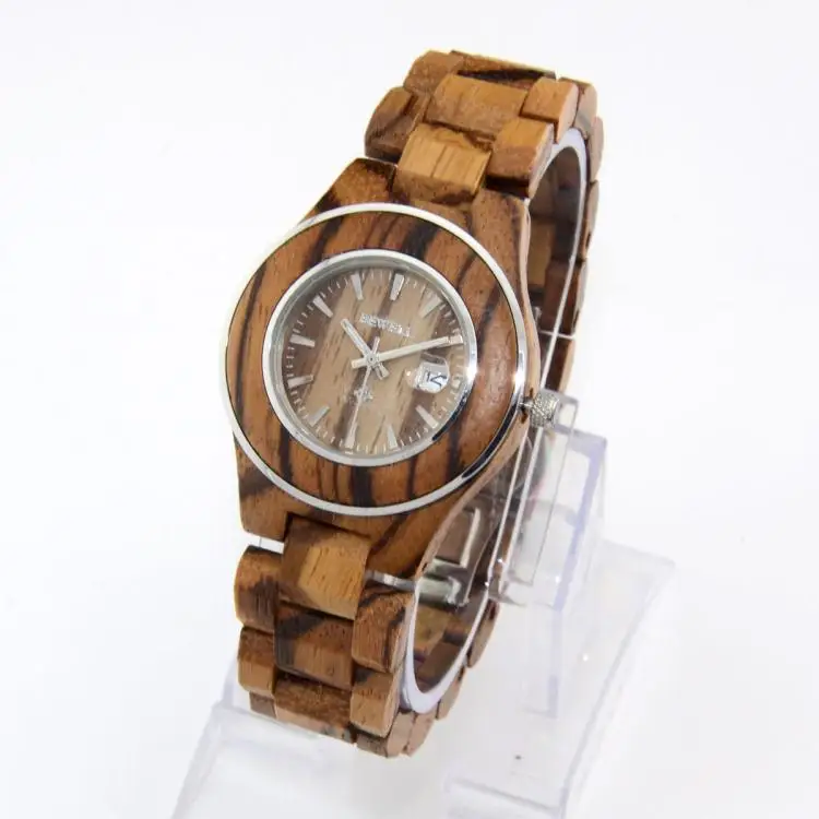 

Sandalwood Zebra Wood Stainless Steel Ring Dial Brand Calendar Women Girl Quartz Wooden Dress Watches