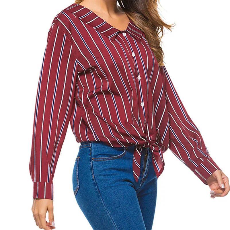 Fashion womens tops and blouses 2018 Womens Bow Striped Lapel Neck Button Long Sleeve Shirt Tops Blouse camicette A06#N  (6)