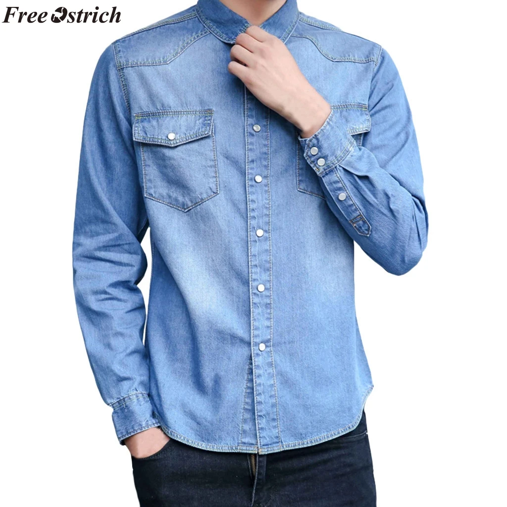 

FREE OSTRICH Male Business Work Shirt Men's Autumn Winter Vintage Distressed Solid Denim Long Sleeve Top Blouse chemise homme