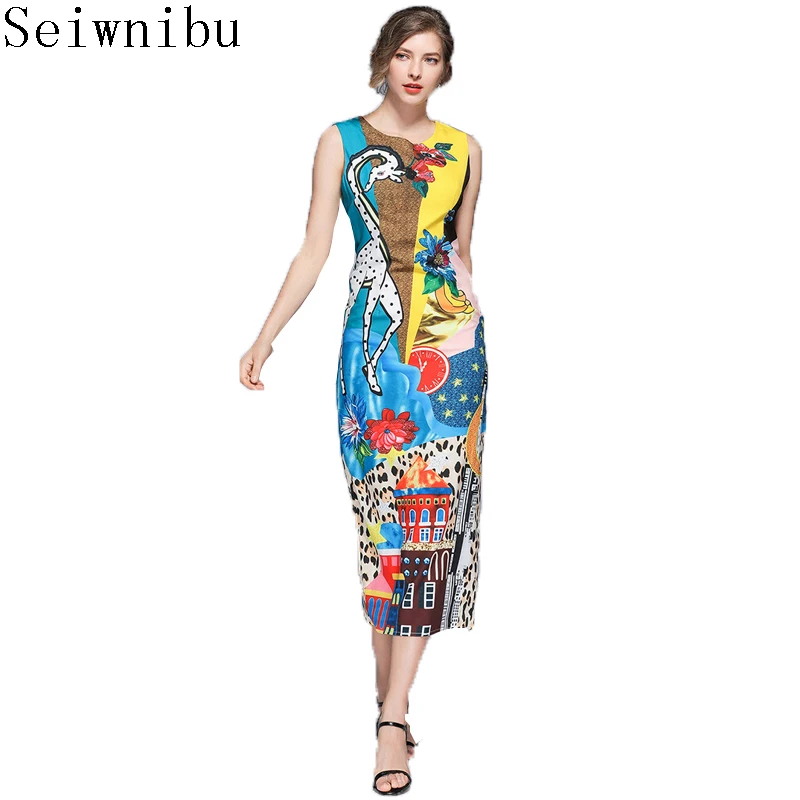 

2019 New Designer Runway Dress Women's Giraffe Floral Split Sleeveless Vest Maxi Dress Pattern Print Dress Calf Length Dress