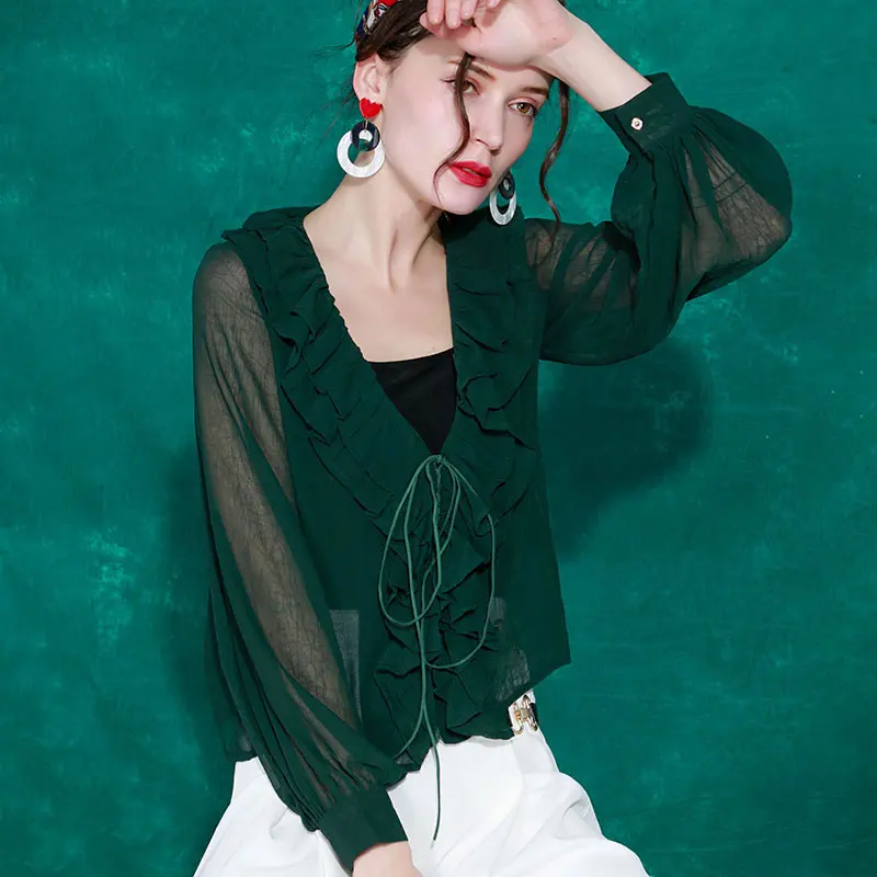 Nueva Completa Cuello Wbb2619 Moda Blusa 2019 Sólido hg V Wbb2619 Mujer En Volantes Primavera De Europa Camisa green Apricot Color Manga Patchwork vqYPdfw