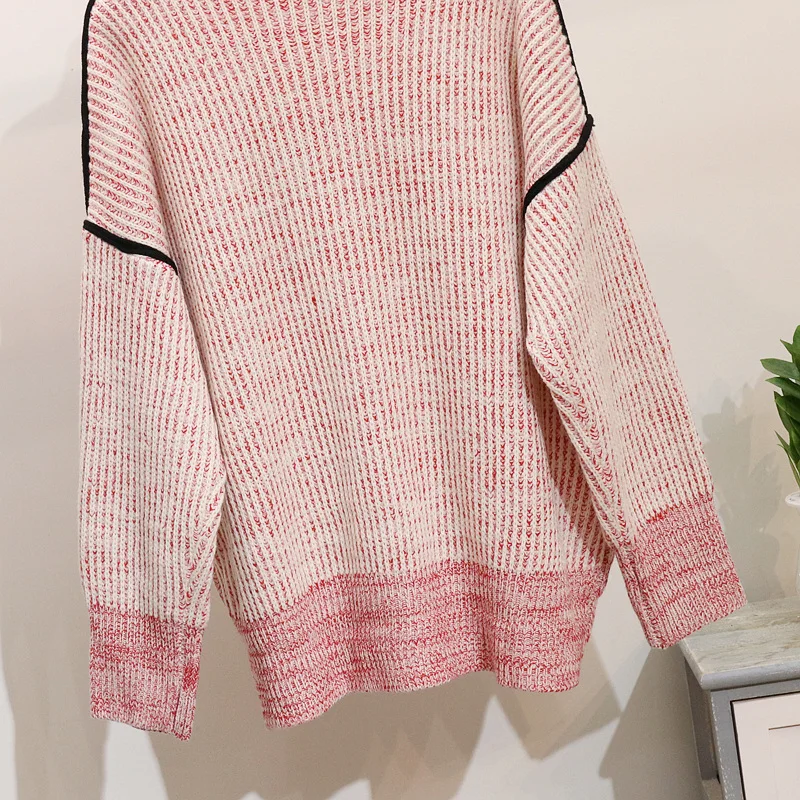 Новая мода осень и зима женские Мультяшные бусины Высокий воротник Свободный вязаный свитер женский повседневный розовый трикотаж пальто