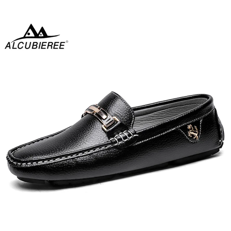 

ALCUBIEREE Brand Genuine Leather Loafers High Quality Mens Driving Shoes Summer Casual Slip-on Flat Moccasins Male Boat Shoes