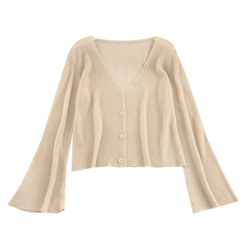 

Elegant Women Spring Autumn Flare Sleeve V-neck Cardigan Button Basic Knitted Shirt Vintage Lady Short Elastic Slim Blouse Tops