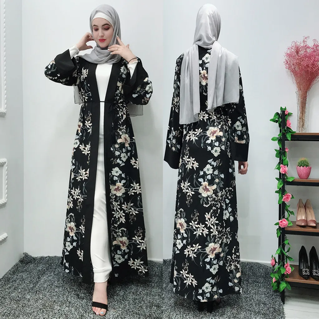Женское мусульманское платье 2019 Топ Длинное Макси-платье рубашка абайя исламское цветочное пальто Дубаи Рамадан