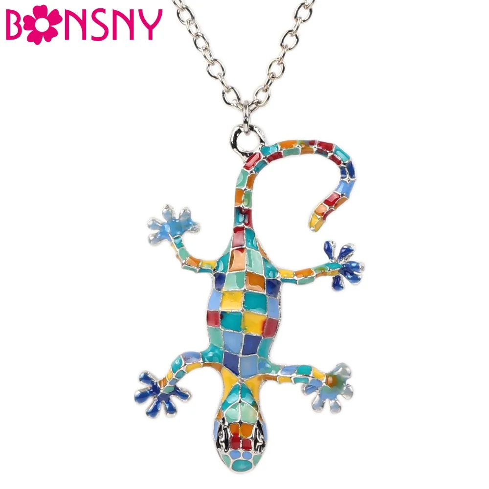 

Bonsny Maxi Alloy Enamel Gecko Lizard Necklace Long Chain Pendant 2016 News Fashion Jewelry For Women Statement Accessories