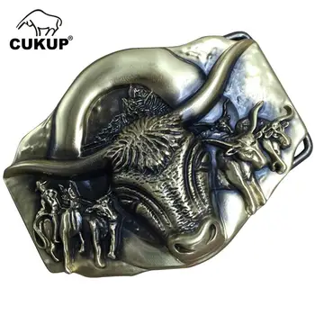 

CUKUP Men Design Cattle Head Pattern Hebillas Western Cowboy Belt Buckle Solid Copper Buckles Ancient Character Phantom BRK022