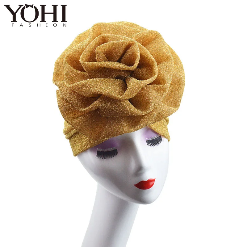 New luxurious Muslim headgear with bright silk and large flowery India hat Women turban scarf Head wrap Turbante